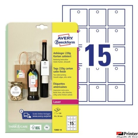 Zawieszki kartonowe Avery Zweckform, 220g, Quick&Clean, 50 x 50 mm, 10 ark. T2003-10