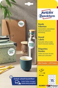 Usuwalne etykiety okrągłe 51mm białe 6225REV-10 A4 10ark./150szt Avery Zweckform